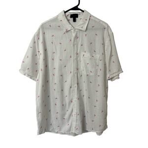 Magaschoni Man Linen Blend Flamingo Short Sleeve Button Down Shirt Size XL